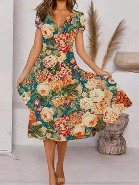 

Regular Fit Floral Elegant V Neck Dress, Blue, Dresses