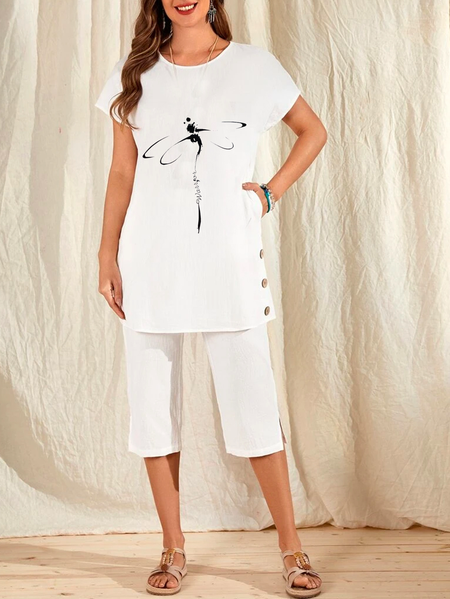 

Dragonfly Crew Neck Casual Two-Piece Set, Apricot, Suit Set