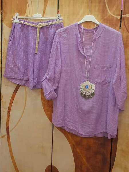 

Purple Casual V Neck Solid Long Sleeve Plain V Neck Cotton Casual Two-Piece Set, Suit Set