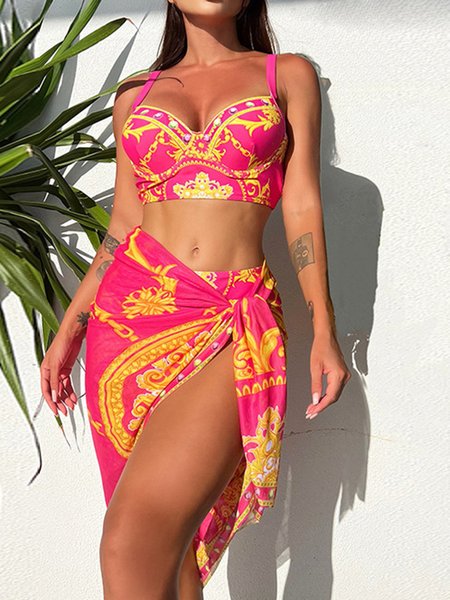 

Vacation Abstract Printing Notched Bikini With Cover Up, Deep pink, Swimsuit with Coverups