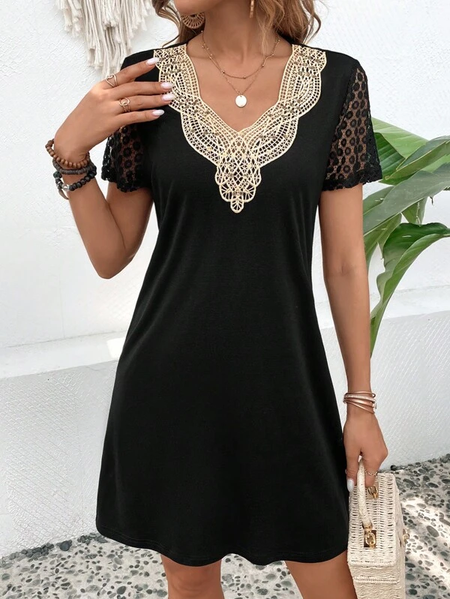 

Knitted Plain Loose Casual Lace Dress, Black, Dresses