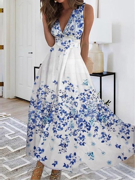 

Casual Floral V Neck Dress, Blue, Dresses