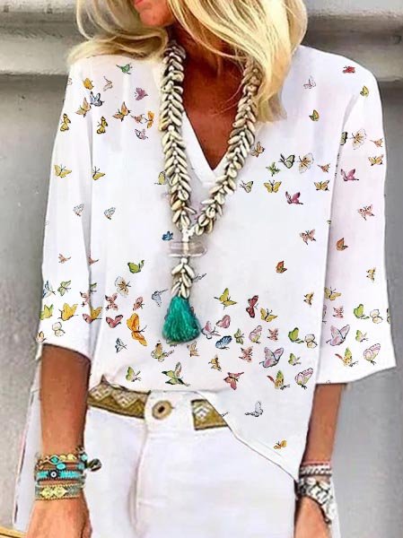 

Casual V Neck Loose Butterfly Shirt, White, Shirts & Blouses
