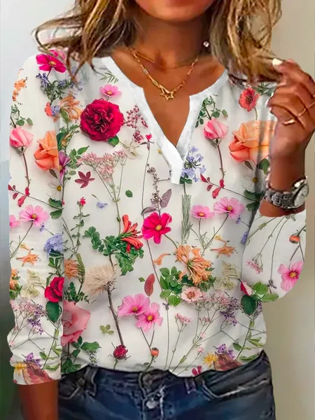 

Plus size Floral Casual Notched Shirt, White, Shirts & Blouses