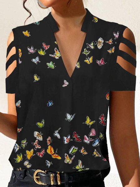 

Casual V Neck Butterfly Loose Shirt, Black, Shirts & Blouses