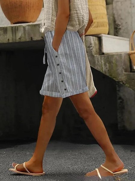 

Casual Cotton And Linen Loose Striped Shorts, Gray, Shorts