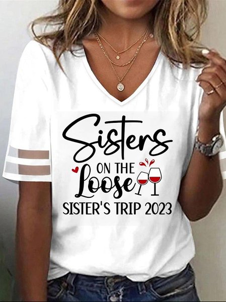

Sisters Slogan Design V-Neck Loose Knit T-Shirt, White, T-Shirts