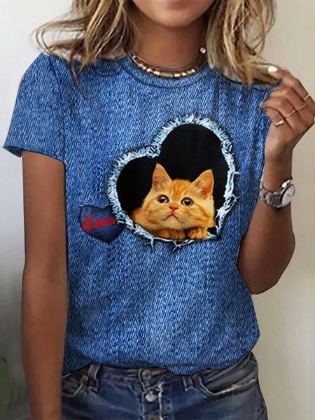 

Casual Cute And Funny Cat Knitted T-Shirt, Blue, T-Shirts