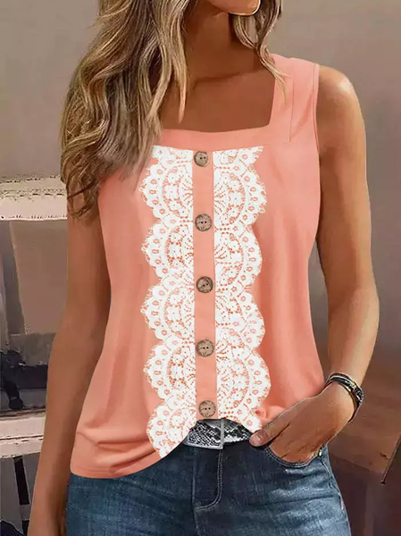 

Loose Lace Casual Square Neck Tank Top, Pink, Tanks & Camis