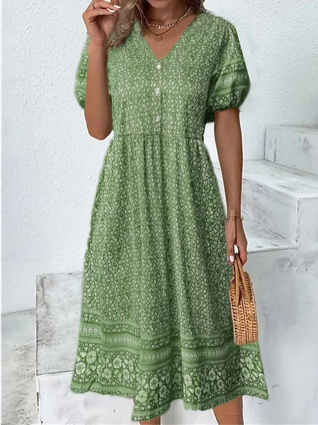 

Loose V Neck Floral Casual Dress, Green, Dresses