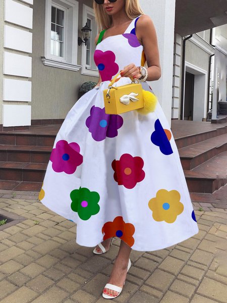 

Floral Elegant Regular Fit Midi Dress With No Belt, As picture, Midi Dresses