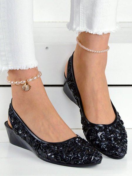 

Waterproof Floral Wedge Heel Slingback Shallow Shoes, Black, Flats