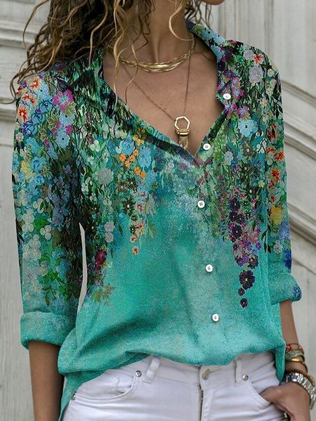 

Casual Shirt Collar Floral Loose Blouse, Blue, Shirts & Blouses