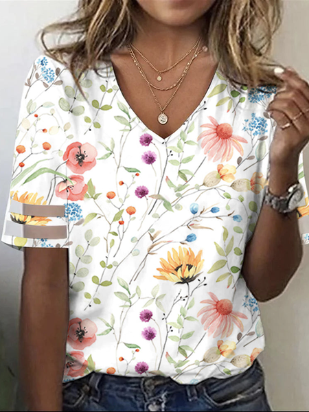

Loose Floral Casual V Neck T-Shirt, White, T-Shirts