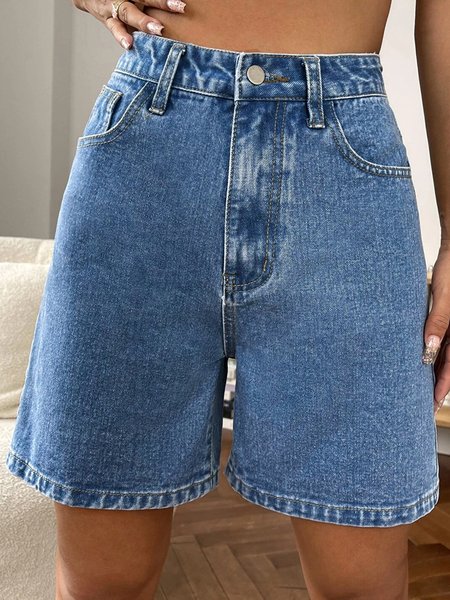 

Loose Plain Casual Denim Shorts, Blue, Shorts