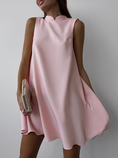 

Elegant Stand Collar Plain Sleeveless Dress, Pink, Mini Dresses