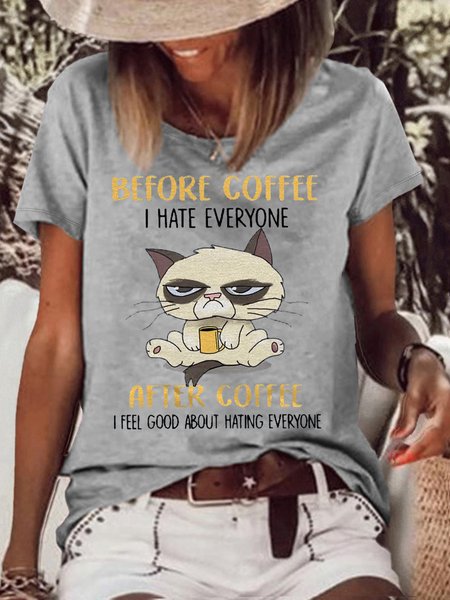 

womens Funny Grumpy Cat Before Coffee I Hate Everyone After Coffee I Feel Good T-Shirt, Gray, T-shirts