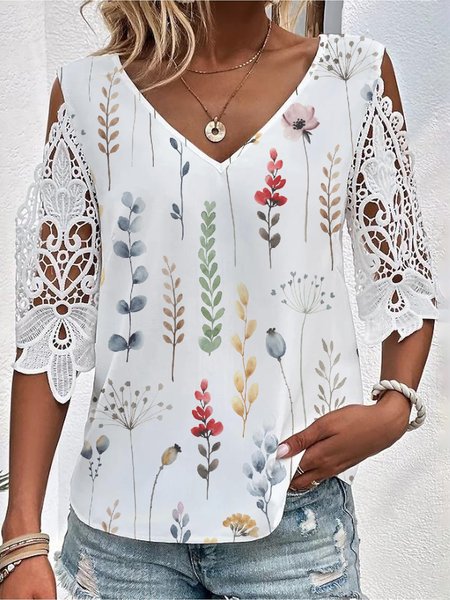 

Lace Casual Floral Loose Shirt, White, Shirts & Blouses