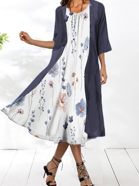 

Elegant Loose Crew Neck Floral Two-Piece Set, Dark blue, Suit Set