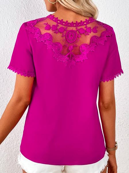 

Elegant V Neck Embroidery Mesh Back Lace Trim Blouse, Deep pink, Shirts & Blouses