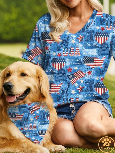 

Women's America Flag Casual Loose Matching T-Shirt, Blue, T-shirts