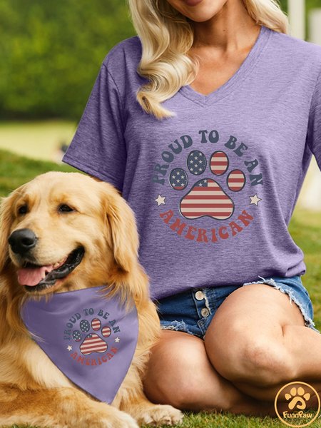

Women's Proud to be an American Dog 4th of July Matching V Neck T-Shirt, Purple, T-shirts