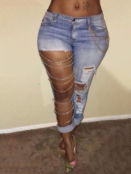 

Casual Chain Decoration Ripped Women's Jeans, Light blue, Jeans