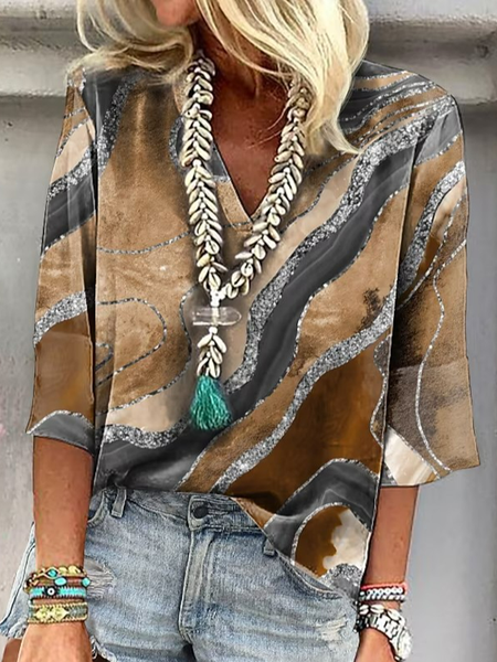 

V Neck Three Quarter Sleeve Ombre Regular Micro-Elasticity Loose Shirt For Women, Brown, Blouses
