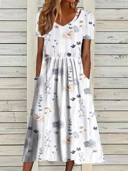Casual Ruched Loose Floral Dress, White, Maxi Dresses
