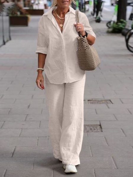 

Loose Shirt Collar Linen Two-Piece Set, White, Suit Set