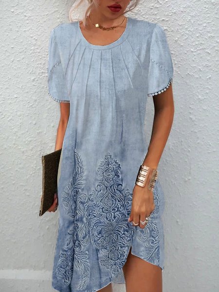 

Crew Neck Ethnic Casual Loose Dress, Blue, Casual Dresses