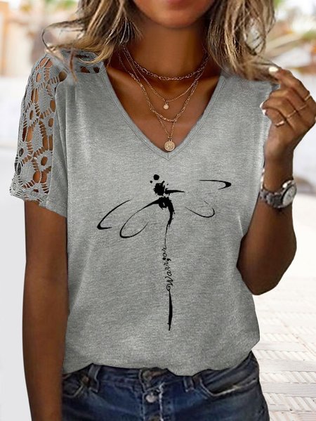 

Casual Loose V Neck Lace T-Shirt, Gray, T-Shirts