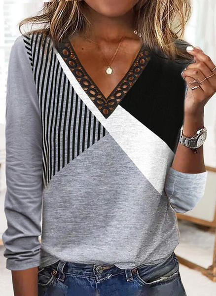 

Casual Jersey Striped Lace Edge Shirt, Black-grey, Long Sleeves