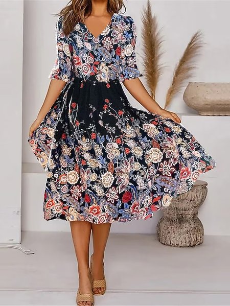 V Neck Casual Loose Floral Dress, Dark blue, Dresses