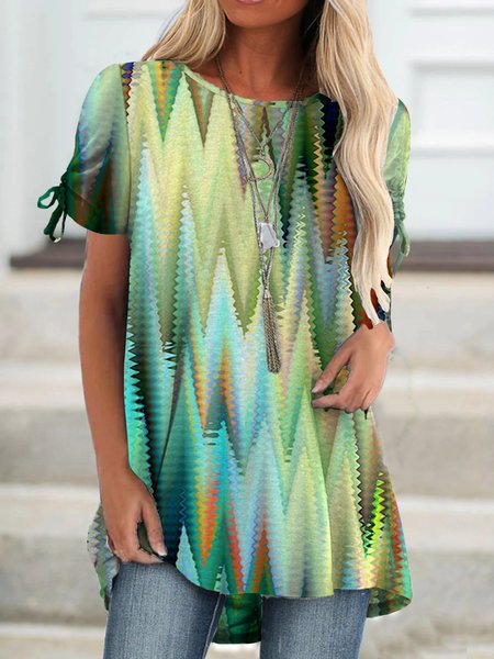 

Geometric Loose Crew Neck Casual Shirt, Green, Shirts & Blouses