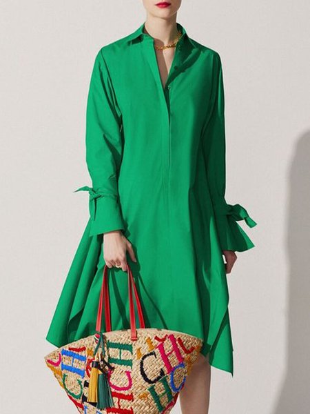 

Loose Plain Shirt Collar Urban Dress, Green, Mini Dresses