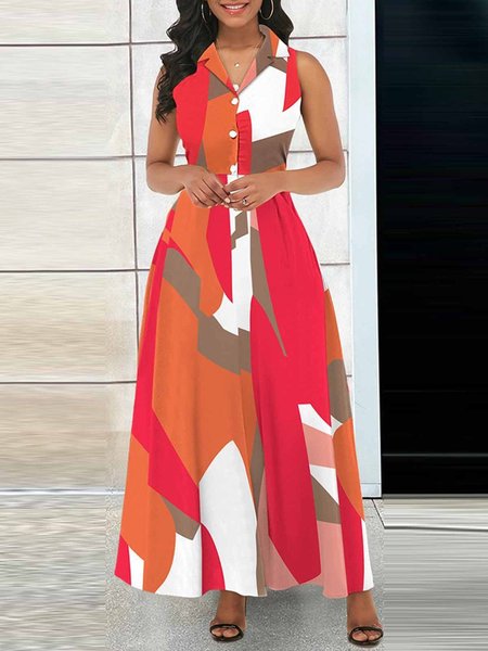 

Elegant Geometric Print Lapel Collar Shirt Dress, Orange, Maxi Dresses