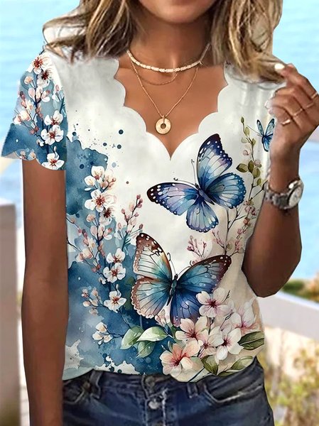 

Butterfly Loose V Neck Casual T-Shirt, Blue, T-Shirts