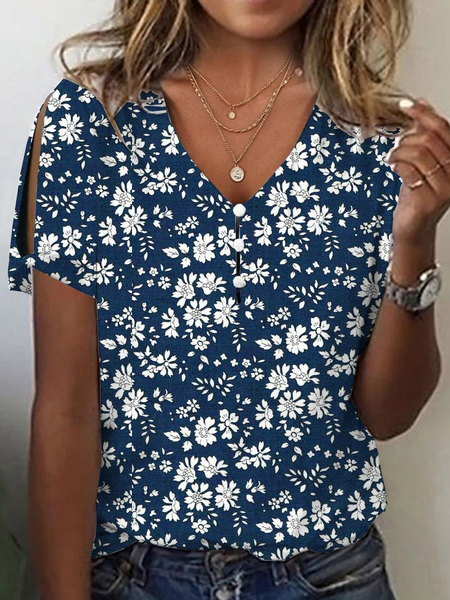

Buckle Floral V Neck Casual T-Shirt, Dark blue, T-Shirts