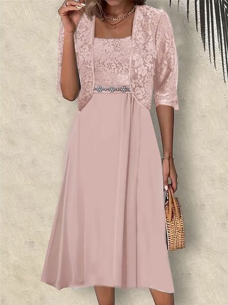 

Women's Lace Plain Party Going Out Two Piece Set Half Sleeve Elegant Summer Coat With Skirt Matching Set, Pink, Formal Dresses