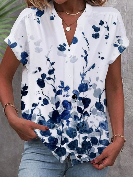 

Leaf V Neck Casual Blouse, Blue, Shirts & Blouses