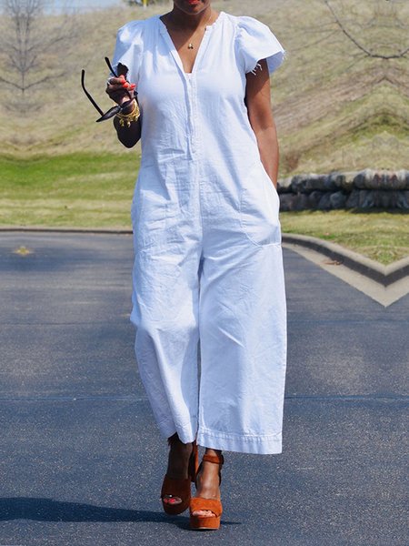 

Casual Plain Loose V Neck Jumpsuit, White, Jumpsuits
