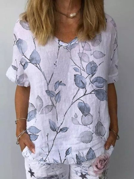 

Casual Floral Cotton Linen Loose Comfortable T-Shirt, White, T-Shirts