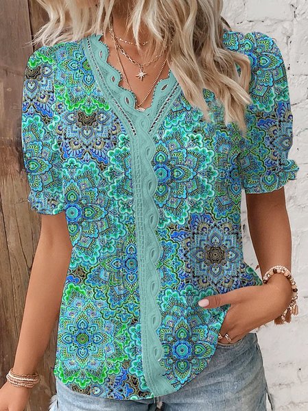 

Ethnic V Neck Lace Loose Casual Shirt, Cyan, Shirts & Blouses