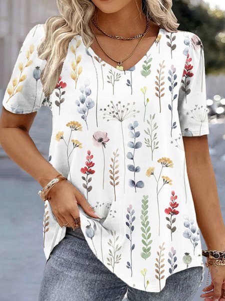 

Plus Size Loose Floral Casual V Neck Shirt, White, TOPS