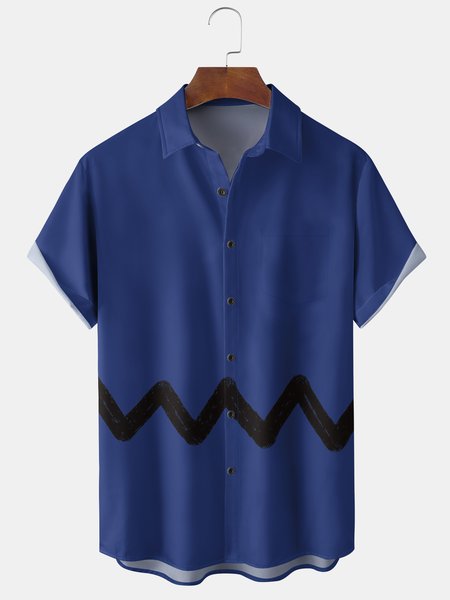

Cartoon Chest Pocket Short Sleeves Casual Shirt, Blue, Men Shirts