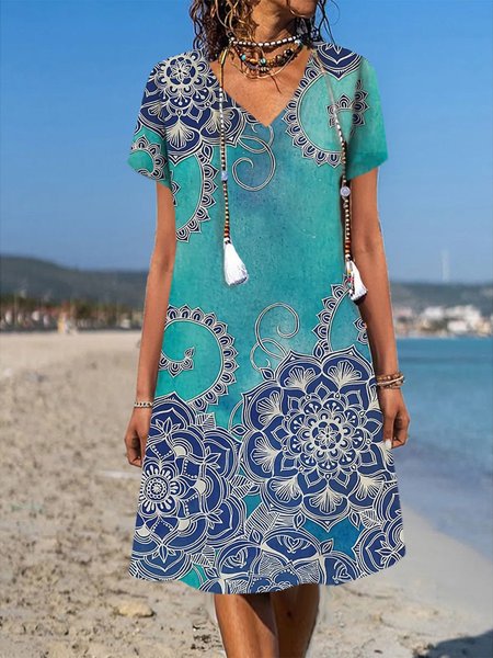 

Ethnic Loose V Neck Casual Dress, Blue, Dresses