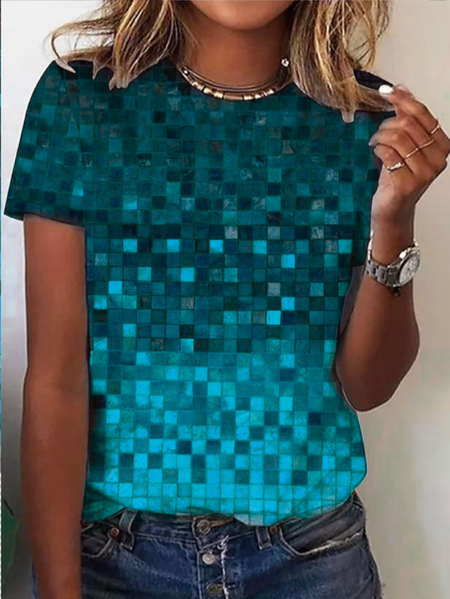 

Vacation Geometric Crew Neck Loose T-Shirt, Blue, T-Shirts