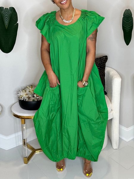 

Casual Short Sleeve Plain Pockets Dress, Green, Maxi Dresses