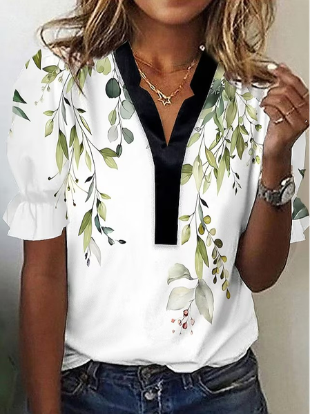 

Casual V Neck Loose Floral Shirt, White, Shirts & Blouses